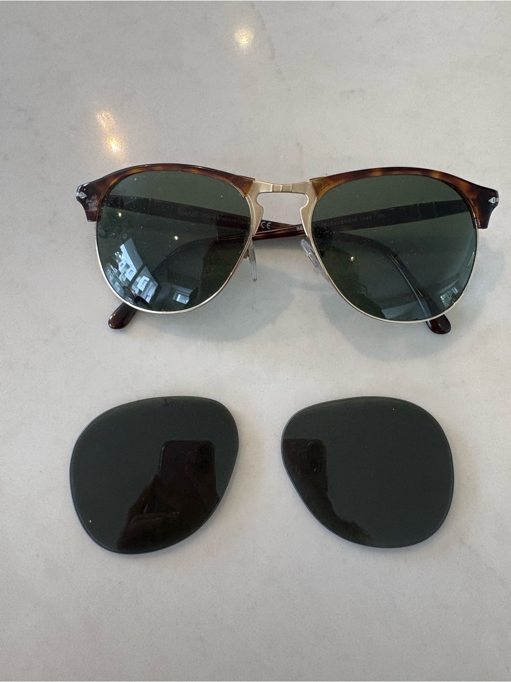 Persol Men’s Tortoise Shell Clubmaster-Style Sunglasses with Green Lenses